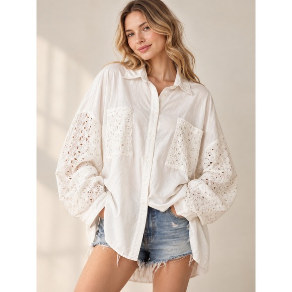 Oli & Hali Tops - Oli & Hali Button Down Women M White Eyelet Lace Oversized Shirt Boho Festival